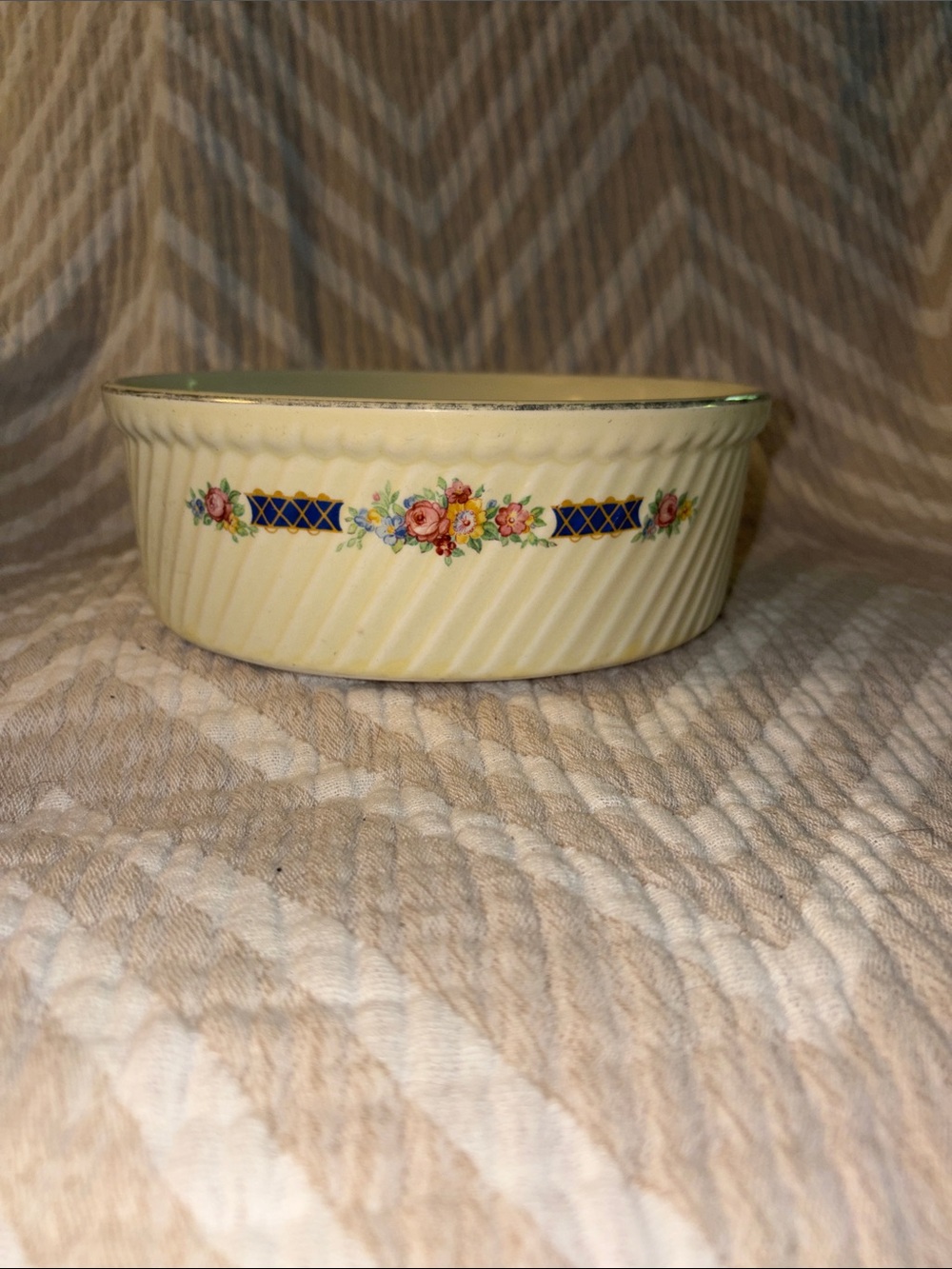 Vintage Hall’s Cream Ceramic Round Baking Dish with Floral and Blue Lattice Trim